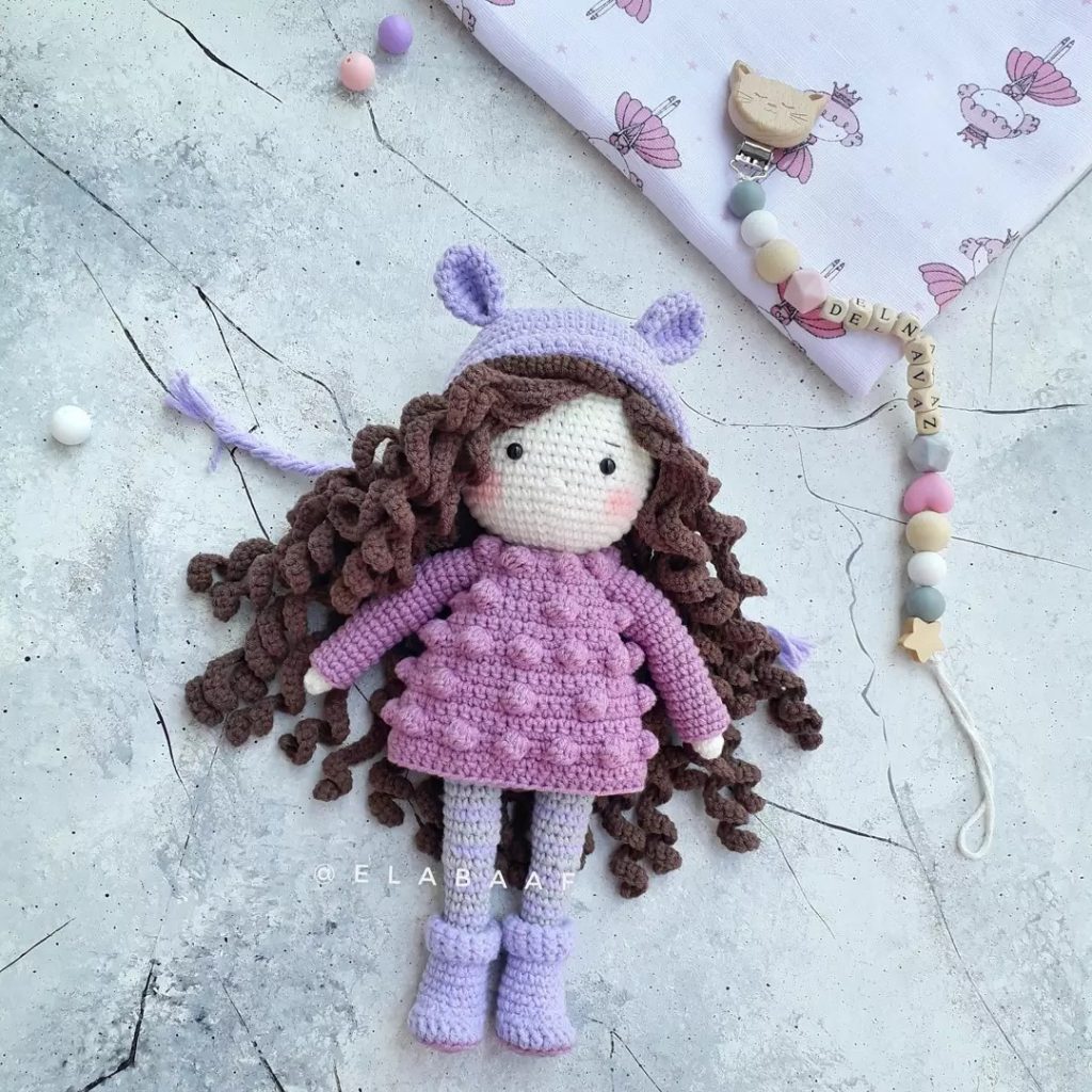 Crochet doll pattern, cute Amigurumi doll with purple dress